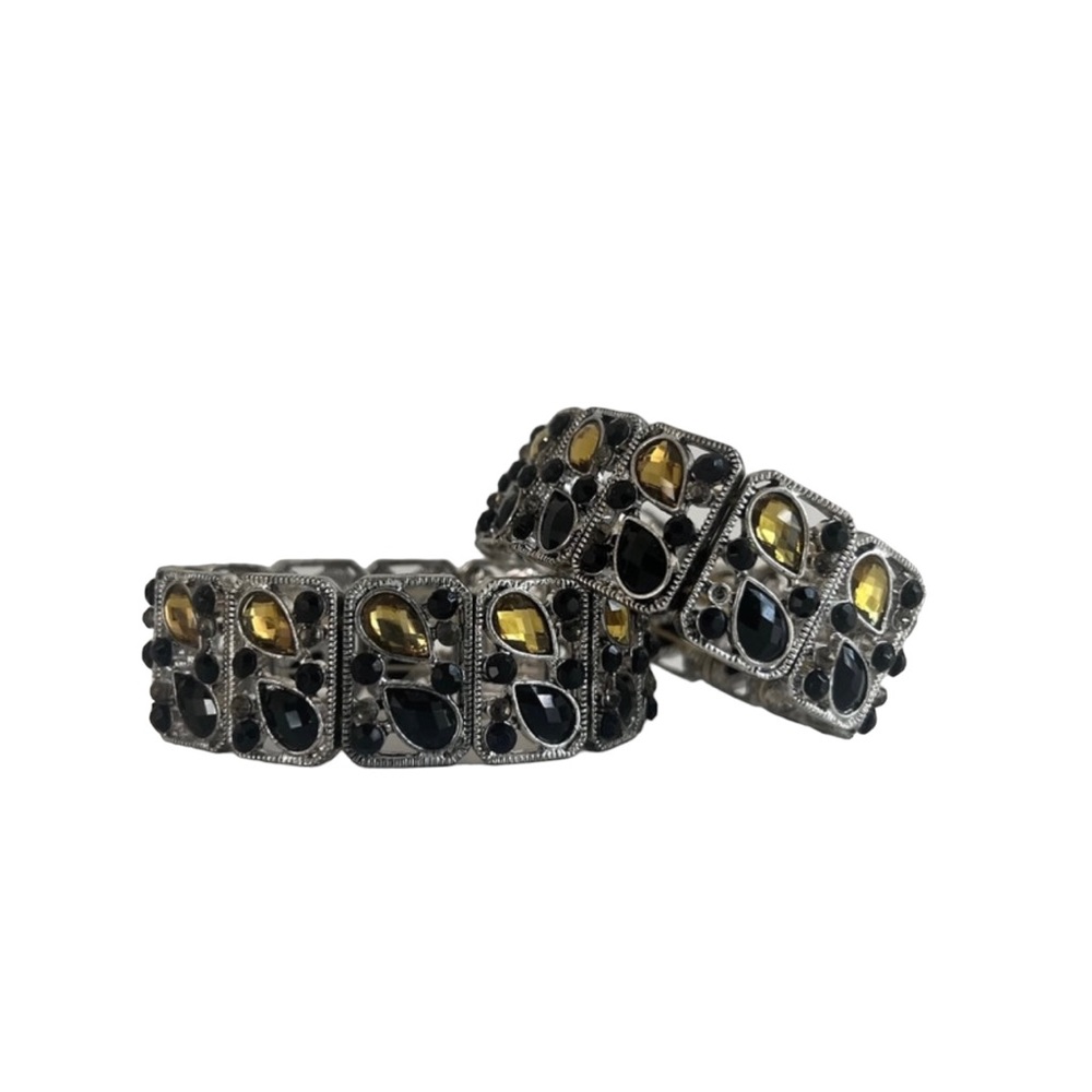 Silver Stretchy Bracelet Set with Black Yellow Gems
